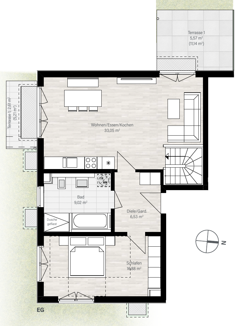 Floor plan of apartment 1 only, on the ground floor, with two terraces, open-plan kitchen/living area, bedroom, bathroom and internal staircase