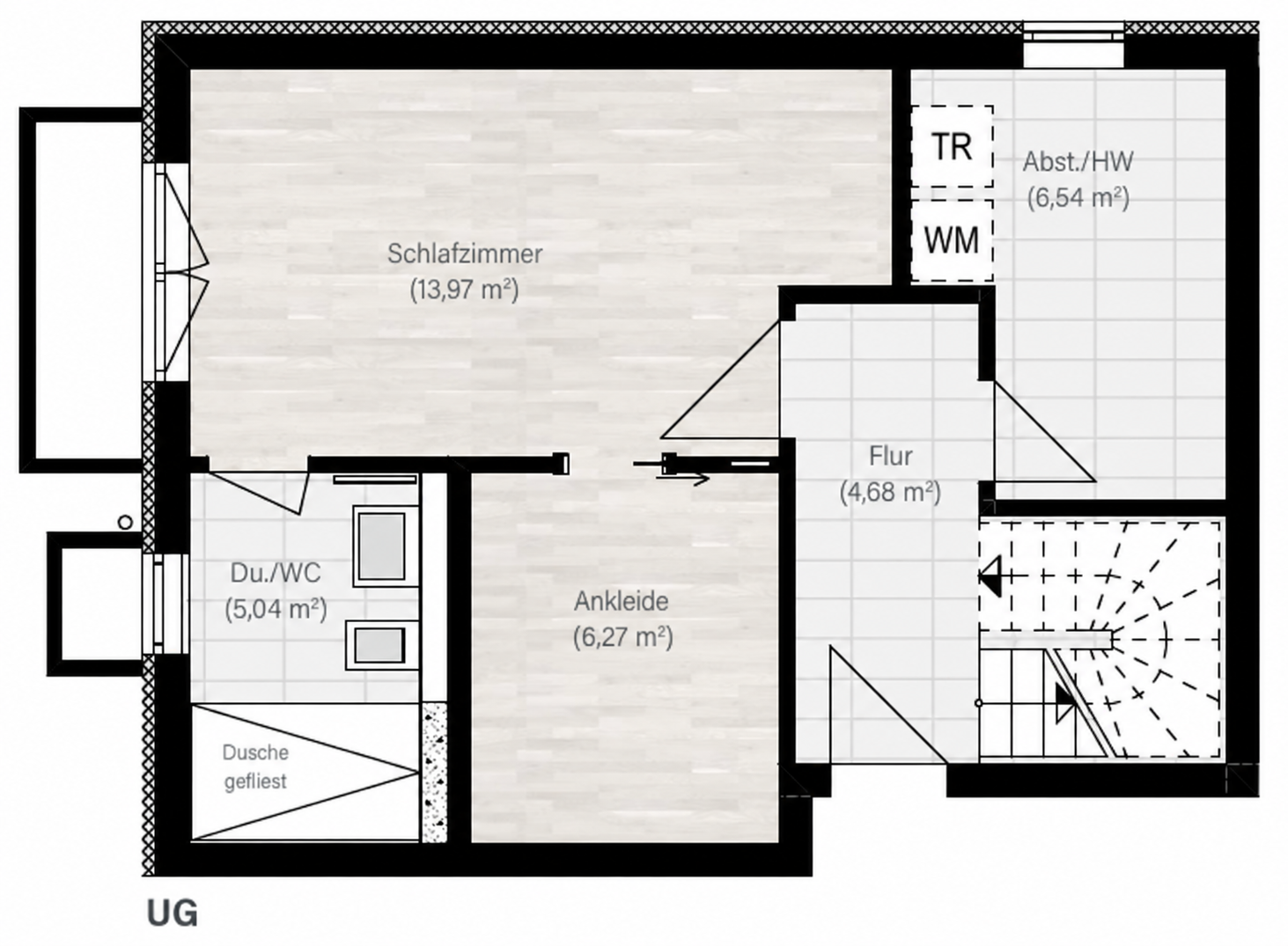 Apartment 1 lower-ground floor plan with bedroom, directly adjoining bathroom and dressing room, and storage and utility room